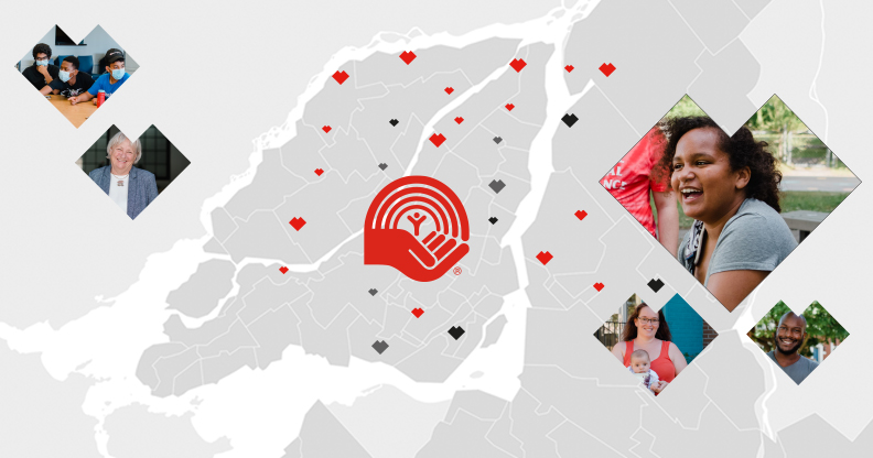 Carte du Grand Montréal avec photos de personnes aidées et logo Centraide